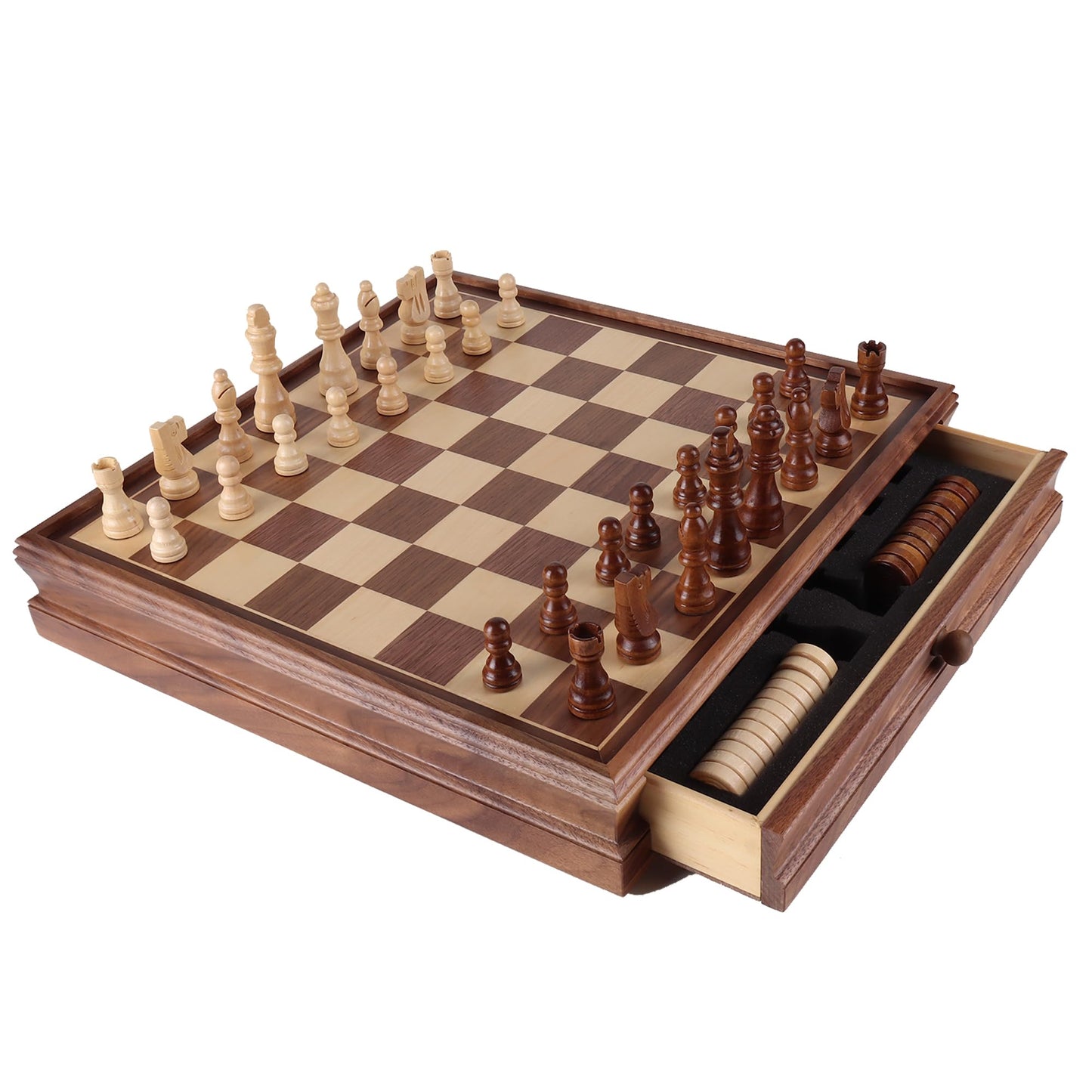 GSE Games & Sports Expert 15" Large Wooden 2-in-1 Chess & Checkers Board Game Combo Set with Drawer, Board Games Chess Checker Set for Kids & Adults