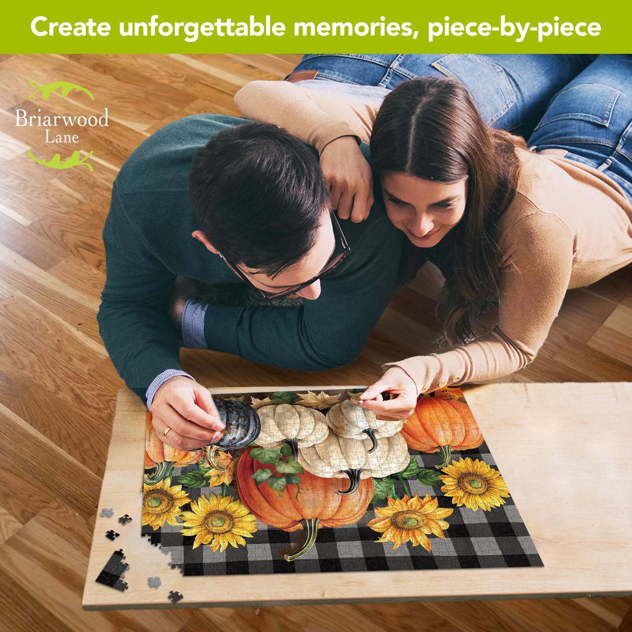 Briarwood Lane Fall Jigsaw Puzzle 1000 Pieces Adult Finished Size 29.5x19.68 Fall Checkered Pumpkins Puzzle for Game Night