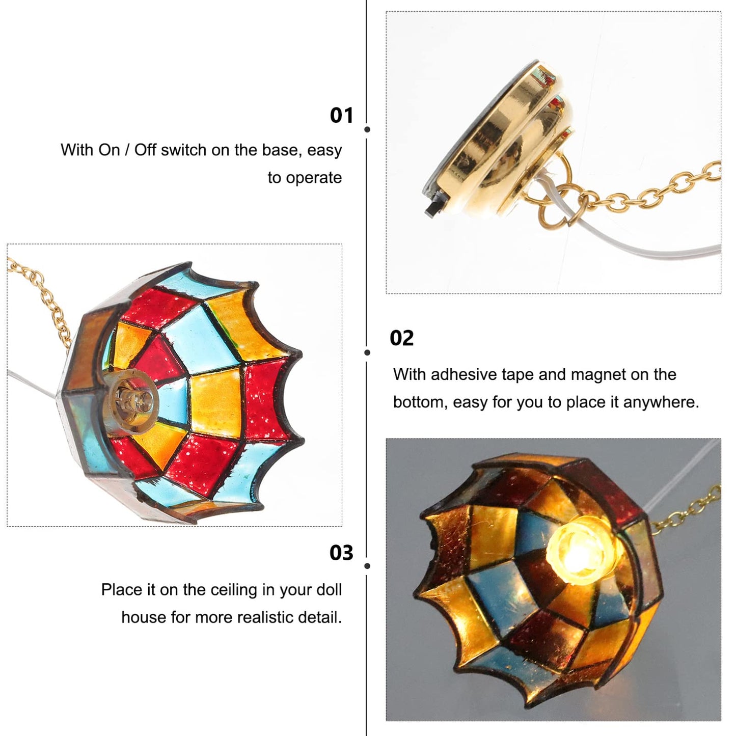 Uonlytech Mini Adornment Miniature Ceiling Light Tiny Chandelier for Dollhouse Led Hanging Lamp with on/Off Switch Adhesive Tape and Magnet Base 3.93