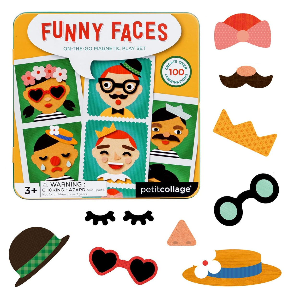 Petit Collage Funny Face Magnetic Travel Play Set - Fun Game for Families, Ideal for 2-4 Players, Ages 4+ - Travel Game for Kids with Handy Portable