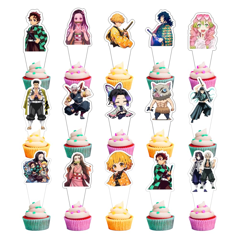 30pcs Demon Cake Decorations with 30pcs Cupcake Toppers Party Supplies for Slayer Themed Birthday Decorations