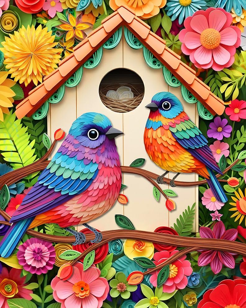 Springbok Blooming Birds 1000 Piece Jigsaw Puzzle for Adults - Poster Now Included - Colorful Bird House - Unique Cut Pieces - Made in USA