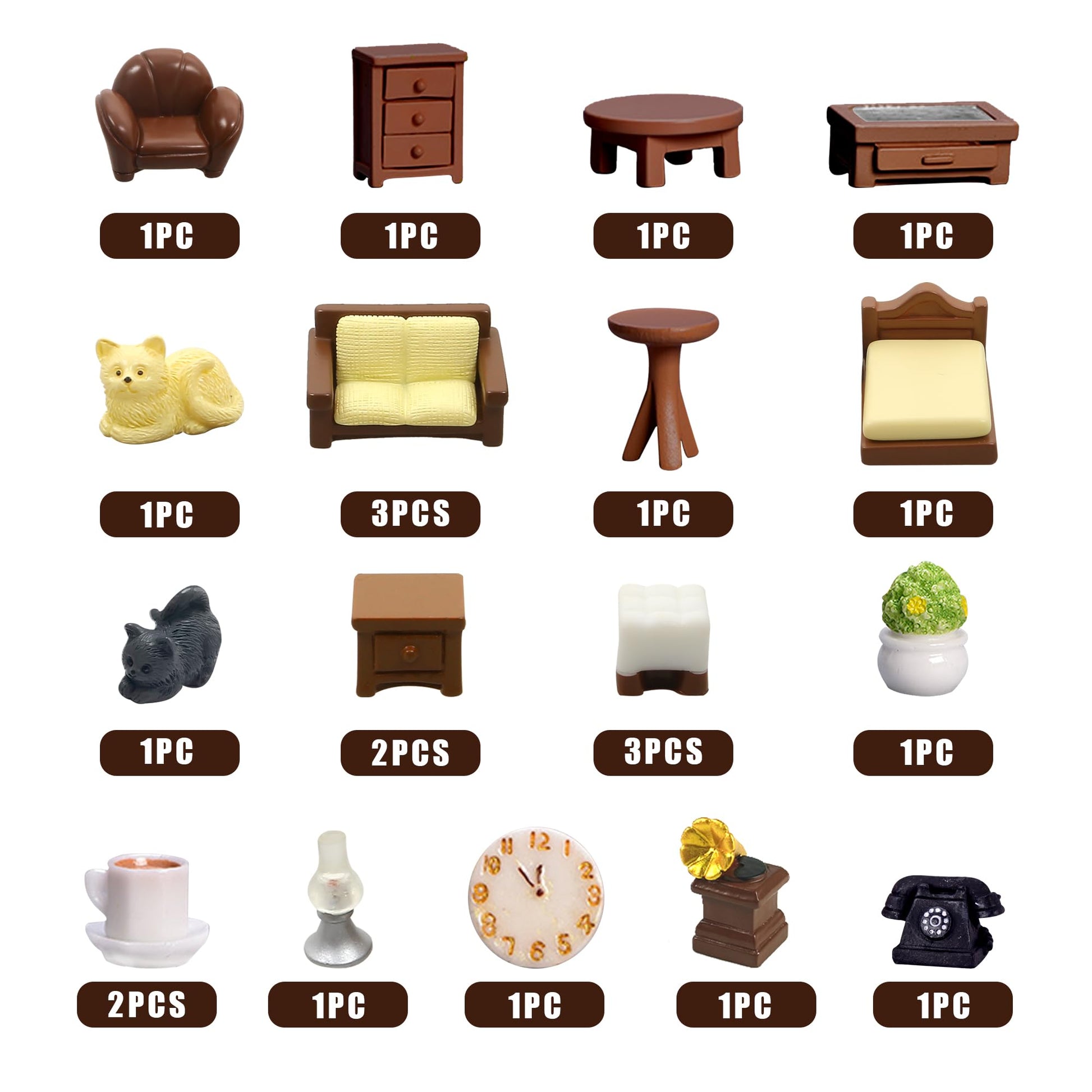 23pcs Brown Dollhouse Mini Furniture Kit Decoration DIY Accessories Including Dining Room Sitting Living Bedroom Set Toys for Baby Boys Children Girls