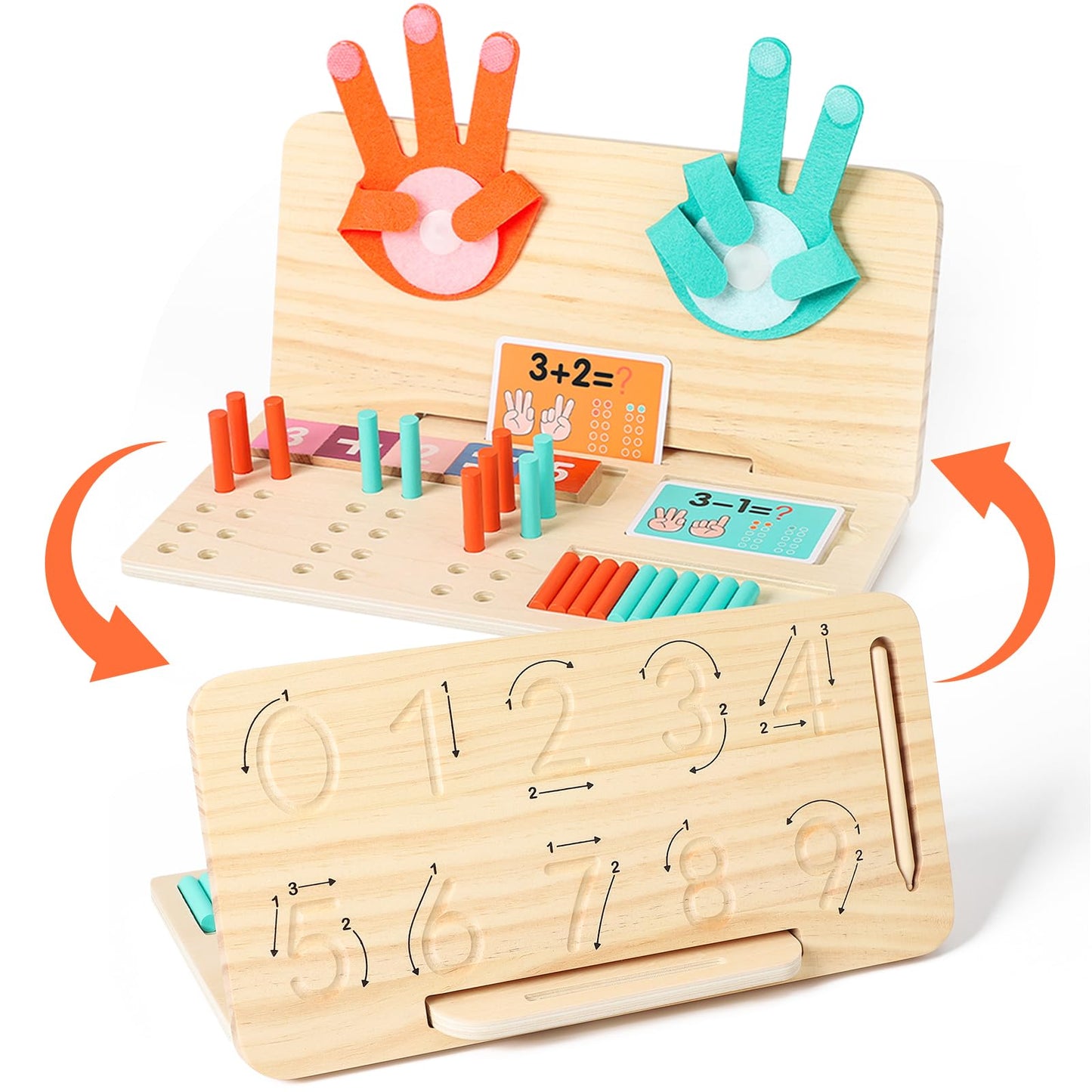 WudBudz Montessori Learning Toys for Toddlers, Double-Sided Preschool Educational Math Manipulatives Number Counting Blocks, Finger Counting Math Toys