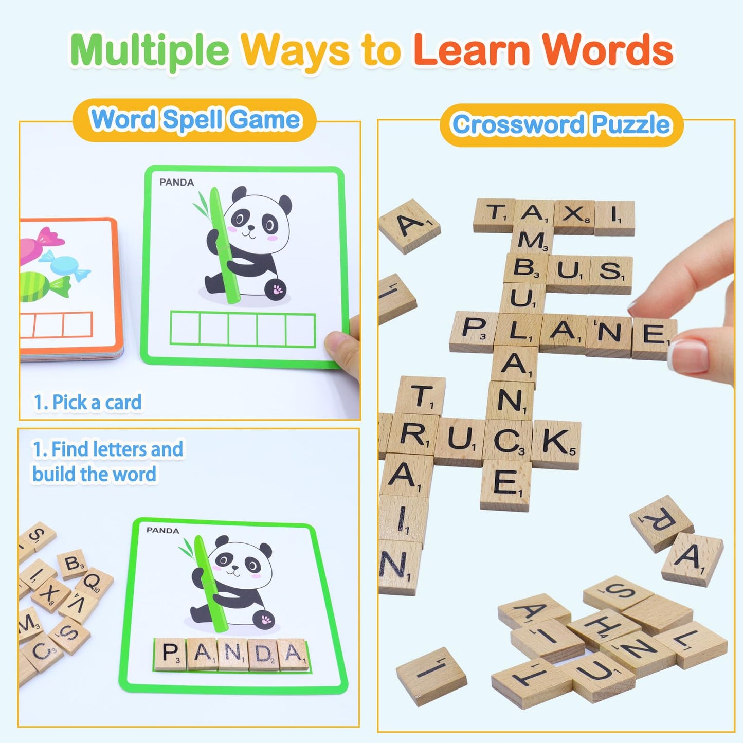 Humerry Spelling Game for Kids Ages 3-8, Word Building & Sight Word Games, Phonics Learning Toy with 100 Wooden Letter Tiles & 30 Double-Sided