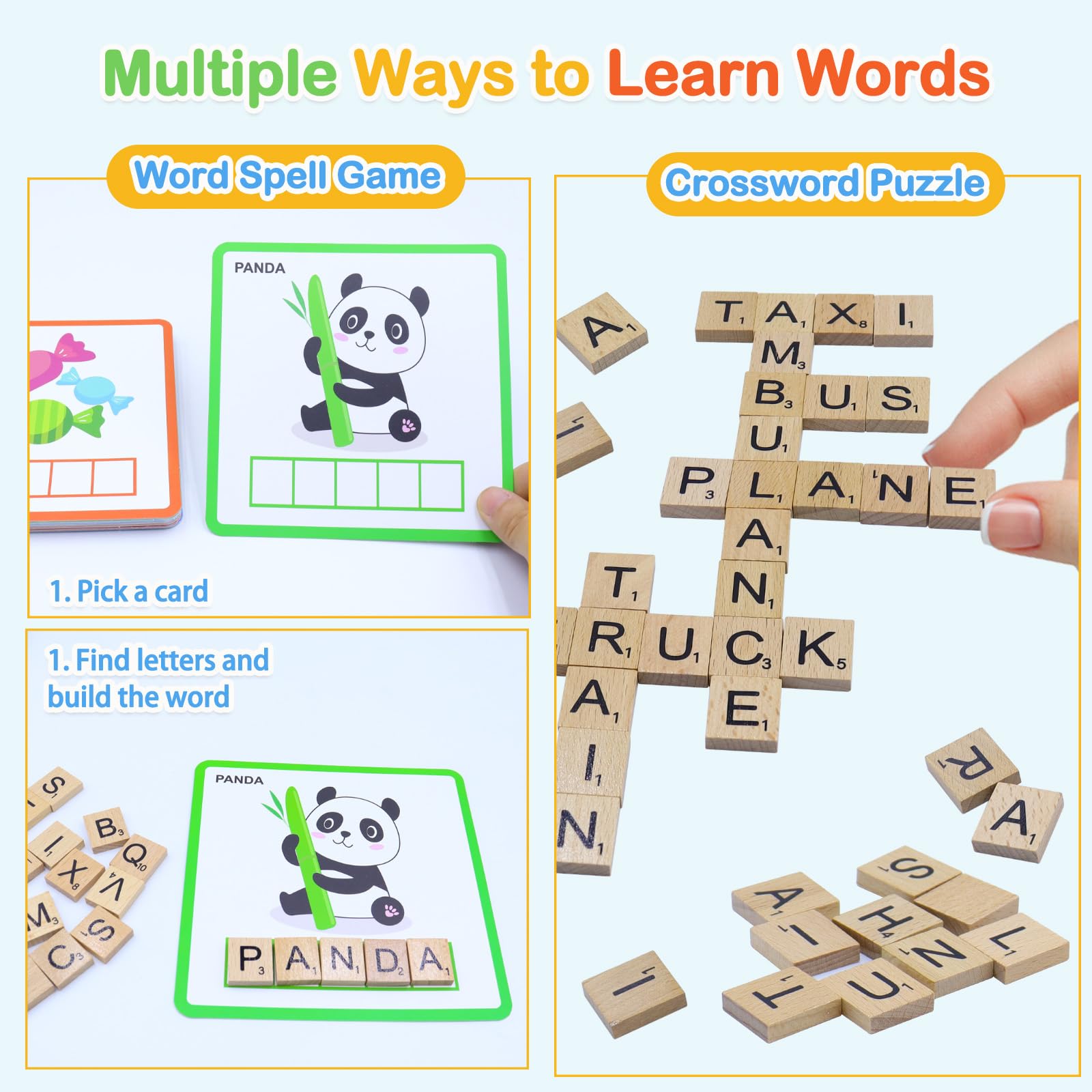 Humerry Spelling Game for Kids Ages 3-8, Word Building & Sight Word Games, Phonics Learning Toy with 100 Wooden Letter Tiles & 30 Double-Sided