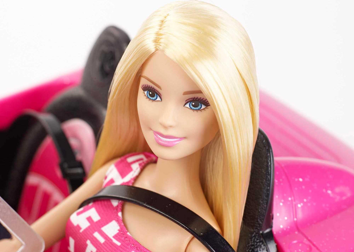 Barbie Playset with Sparkly Pink 2-Seater Toy Convertible Car Featuring Glam Details & Fashion Doll in Sundress & Sunglasses (Amazon Exclusive)