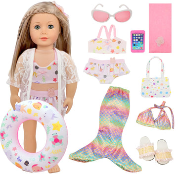 11 Pieces 18 Inch American Doll Bathing Suit Swimsuit with Accessories, Fashion 18 inch Doll Summer Outfits Including Mermaid Outfits,Swimming
