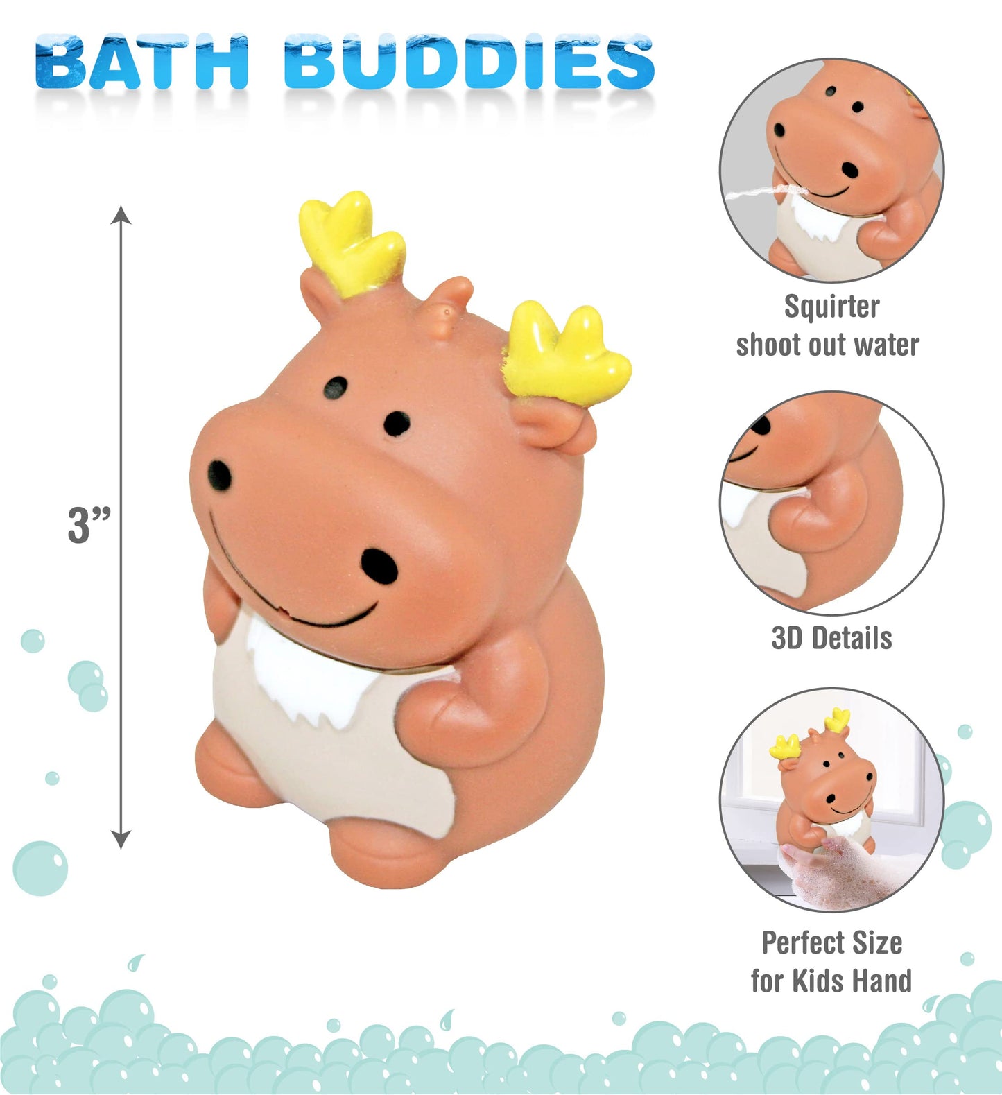 DolliBu Moose Bath Buddy Squirter - Floating Moose Rubber Bath Toy, Fun Water Squirting Bathtime Play For Toddlers, Cute and Soft Wild Life Animal Toy