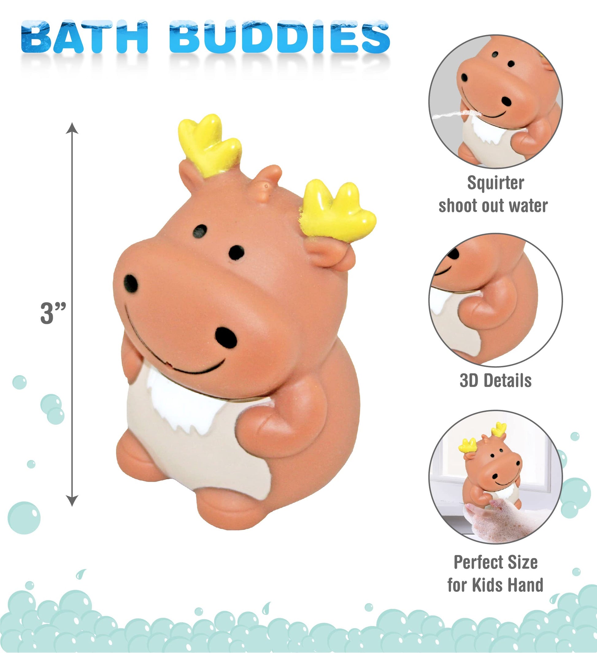 DolliBu Moose Bath Buddy Squirter - Floating Moose Rubber Bath Toy, Fun Water Squirting Bathtime Play For Toddlers, Cute and Soft Wild Life Animal Toy