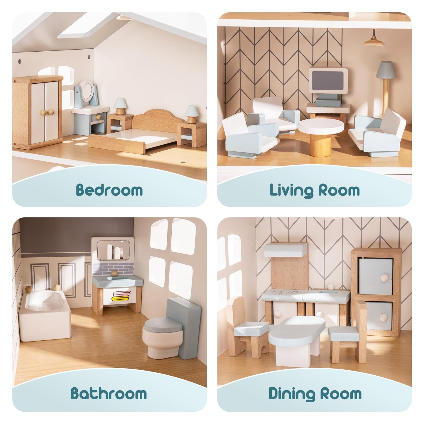 ROBUD Wooden Dollhouse Furniture Set, 23 Pcs Dollhouse Accessories, Miniature Furniture Including 5 Room Kits, Dollhouse Furniture Pretend Play Toys