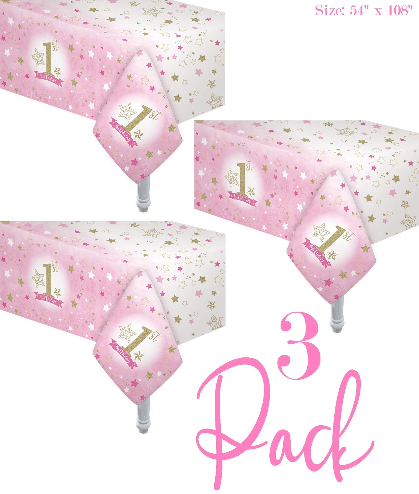 Oojami 3 Pack Light Pink Disposable Tablecloths 54 x 108 in with Pennant Banner, Plastic Rectangular Table Cover for 1st Birthday Girl, Party