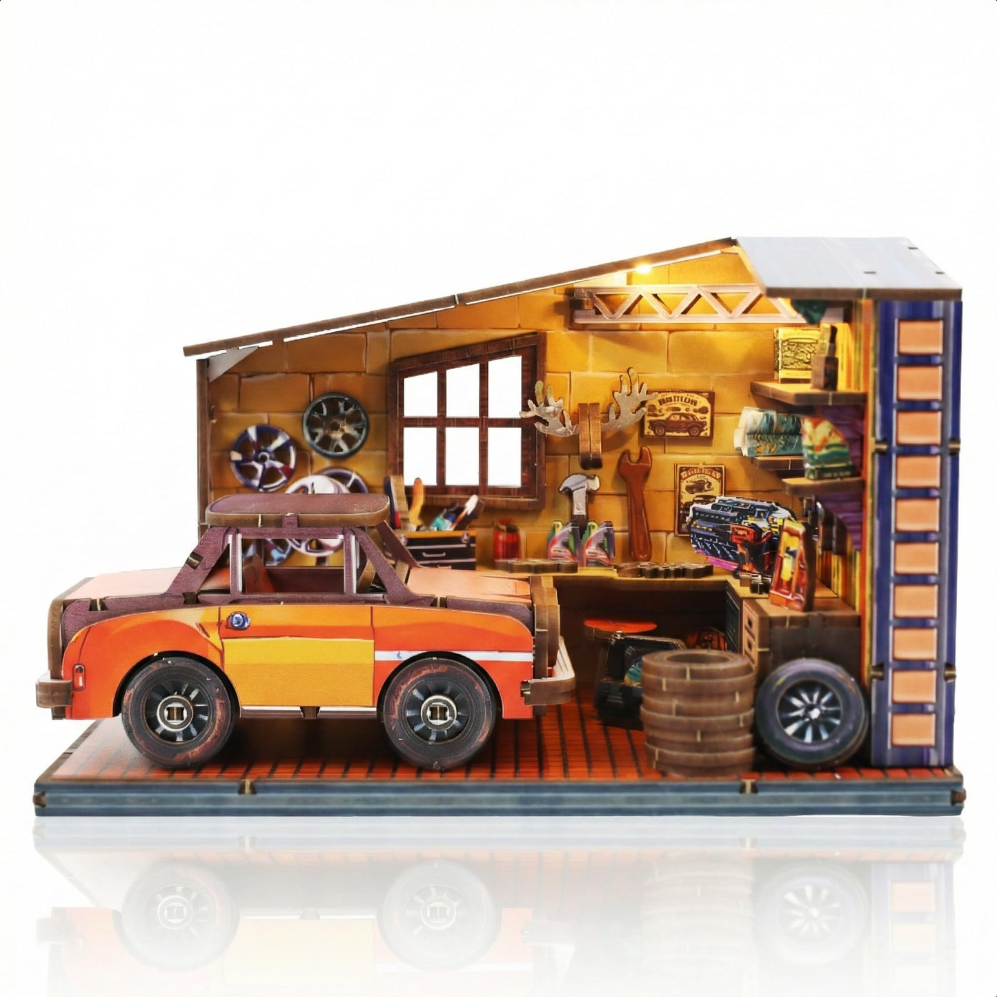kolotesame Book Nook Kit, DIY Miniature House Kit for Adult 3D Wooden Puzzle with LED Light, Retro Garage Tiny House Bookshelf Insert Decor, Creative