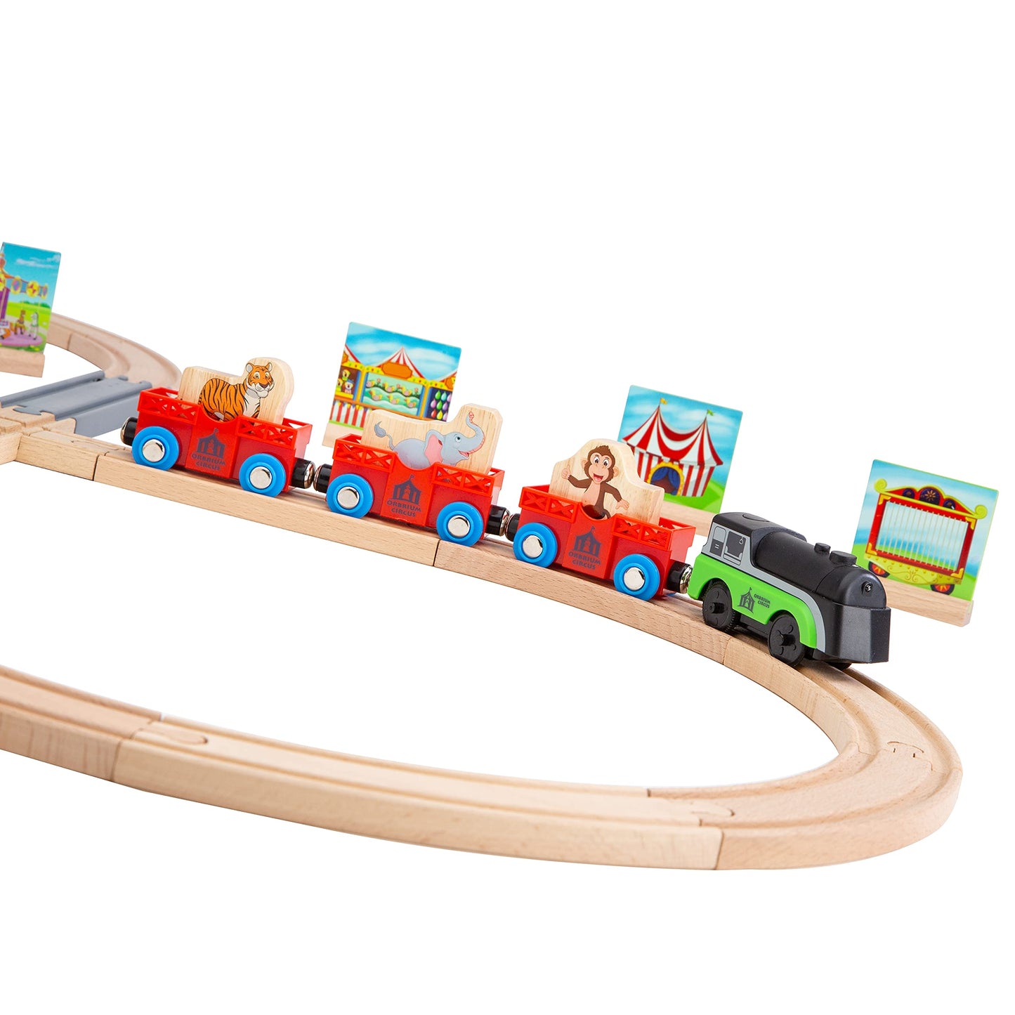 Wooden Train Set Magnetic Battery Operated Train Car with Wooden Tracks | Electric Lighted Train + Sound Track | Safari Circus Animal Compatible