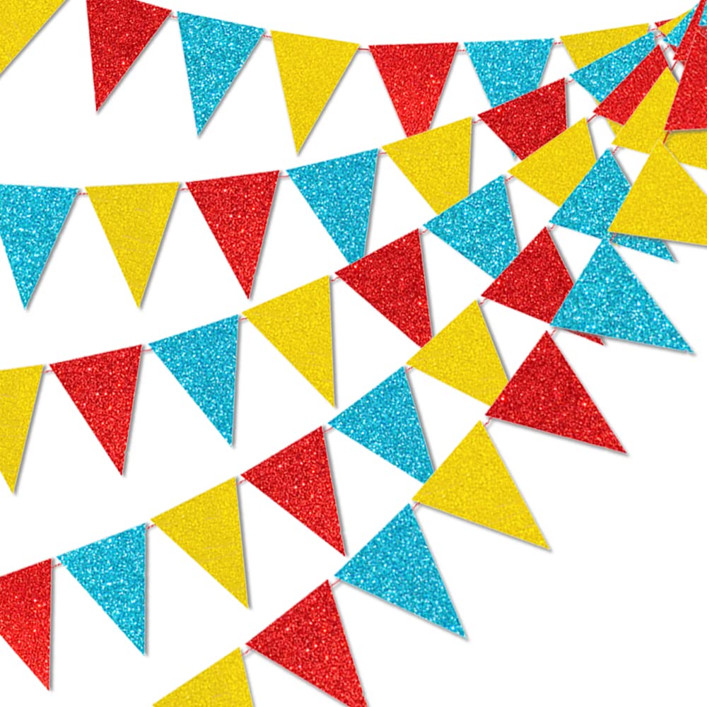 45 Pieces Colorful Pennant Flags - 49ft Carnival Theme Party Garland Banner Yellow Blue Red Glitter Paper Pennant Triangle Bunting Flag for Baby