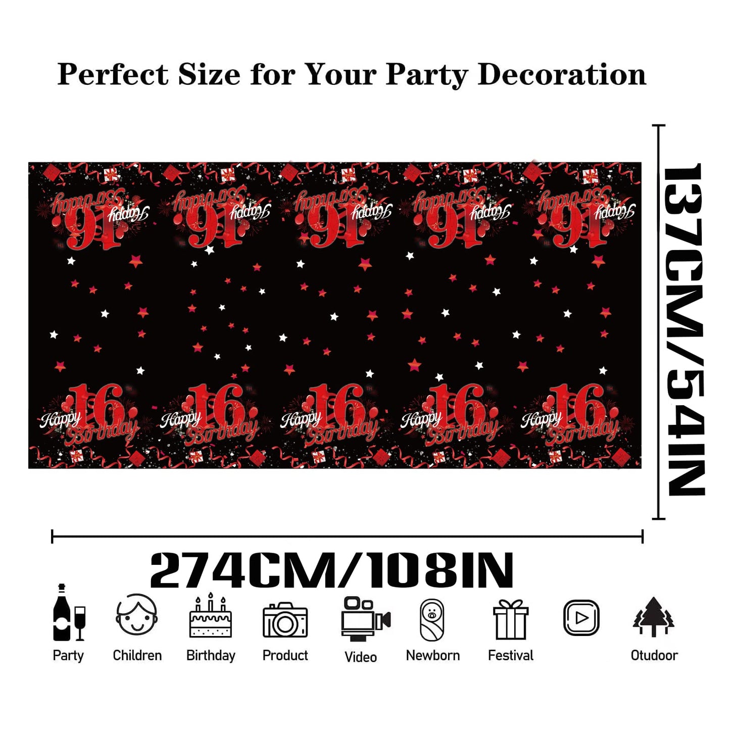KEWEYA 3 Pcs Happy 16th Tablecloth Decorations for Boy Girl Black Red 16 Birthday Theme Table Cover Party Supplies 16 Years Old Plastic Disposable