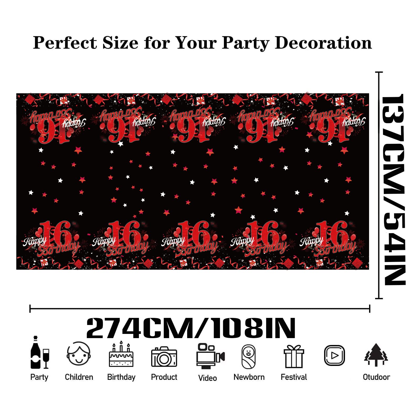 KEWEYA 3 Pcs Happy 16th Tablecloth Decorations for Boy Girl Black Red 16 Birthday Theme Table Cover Party Supplies 16 Years Old Plastic Disposable