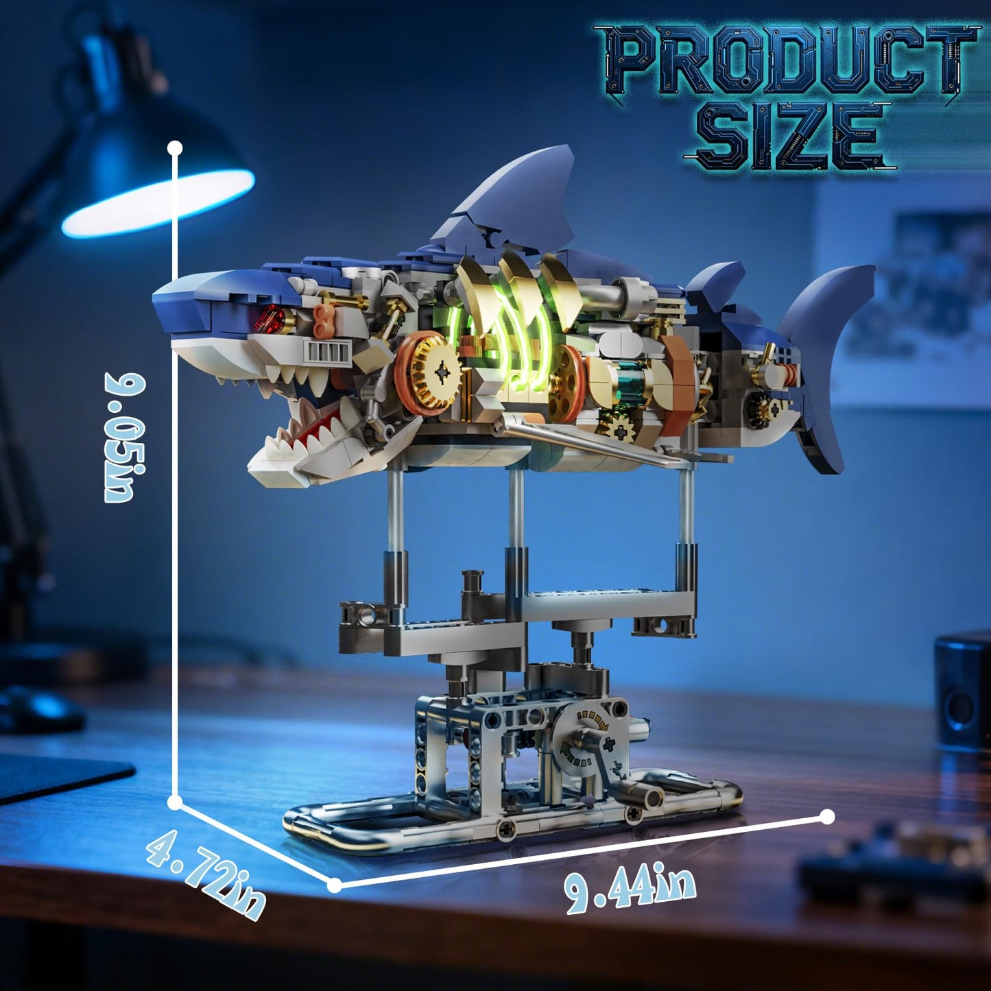 Mechanical Shark Building Block Set with Light, Compatible with Lego Shark, 687PCS Movable Ocean Sea Animals with Display Stand, STEM Fish Toys
