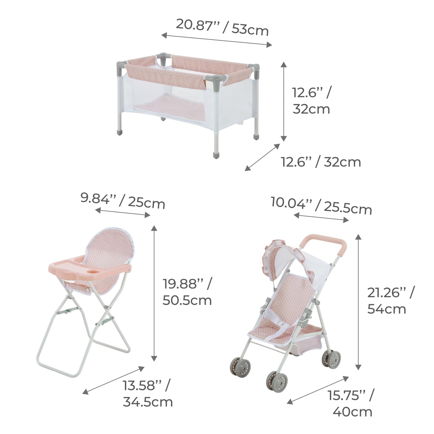 Olivia's Little World Polka Dot Princess Baby Doll 3pc Nursery Set - Crib, High Chair & Stroller, Pink & Gray