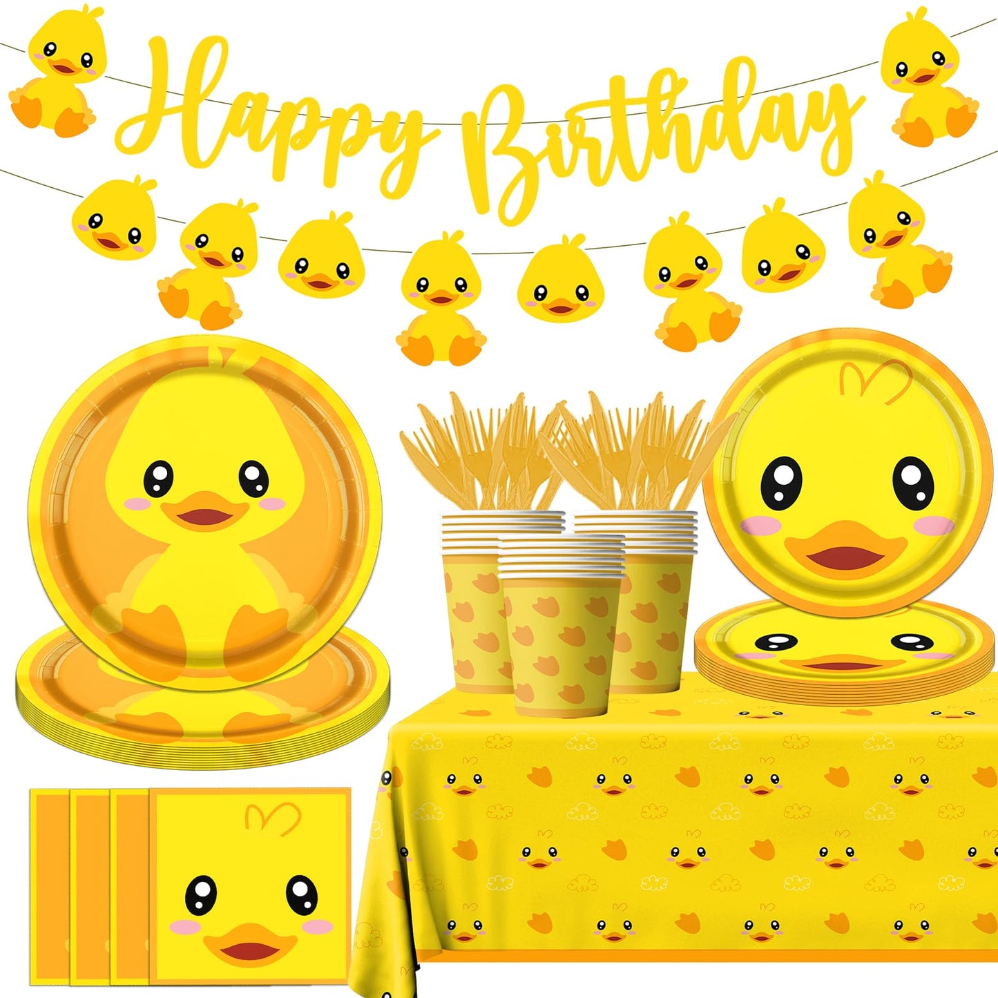 Rubber Duck Party Supplies,Happy Birthday Duckie Tableware Set Duck Plates Yellow Baby Shower Napkins Cups for Waddle It Be Gender Reveal Party,One