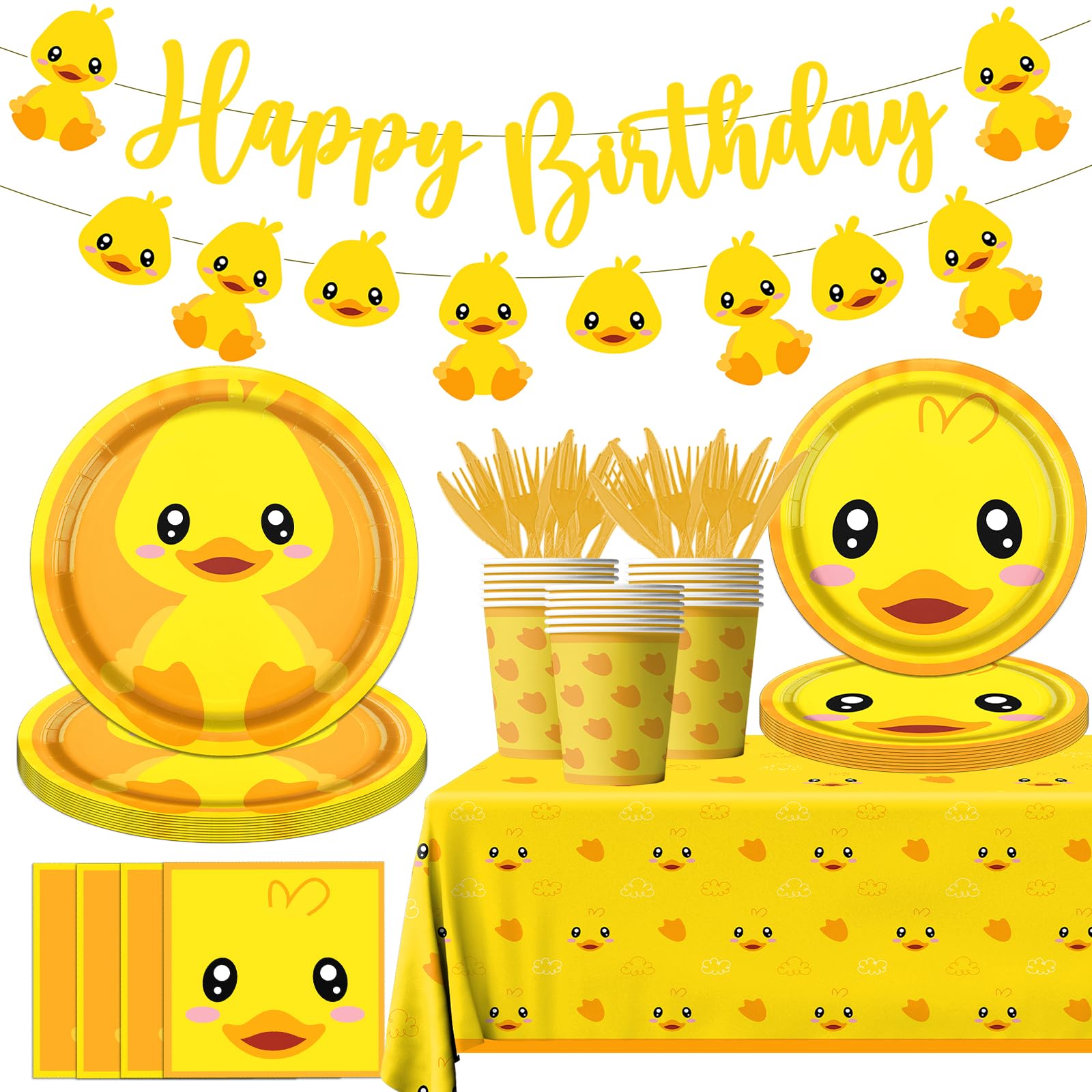 Rubber Duck Party Supplies,Happy Birthday Duckie Tableware Set Duck Plates Yellow Baby Shower Napkins Cups for Waddle It Be Gender Reveal Party,One