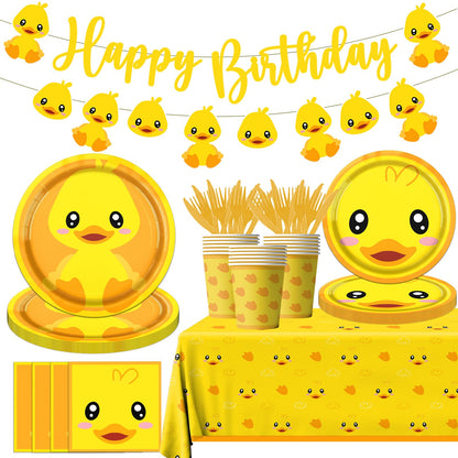 Rubber Duck Party Supplies,Happy Birthday Duckie Tableware Set Duck Plates Yellow Baby Shower Napkins Cups for Waddle It Be Gender Reveal Party,One