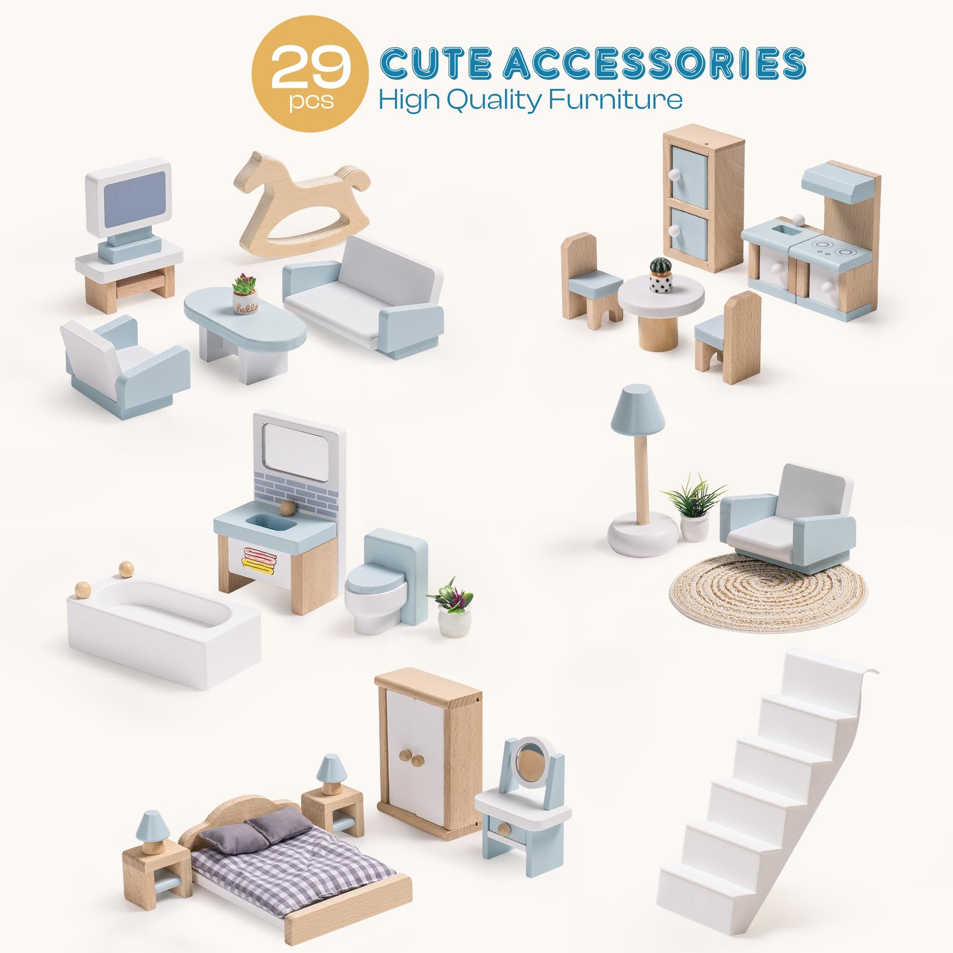 ROBUD Doll House, Wooden Dollhouse with 6 Rooms, 29-pcs Realistic Accessories, Dollhouse Playset for 4-6 Inch Dolls, Gifts for Kids & Toddlers, Nordic