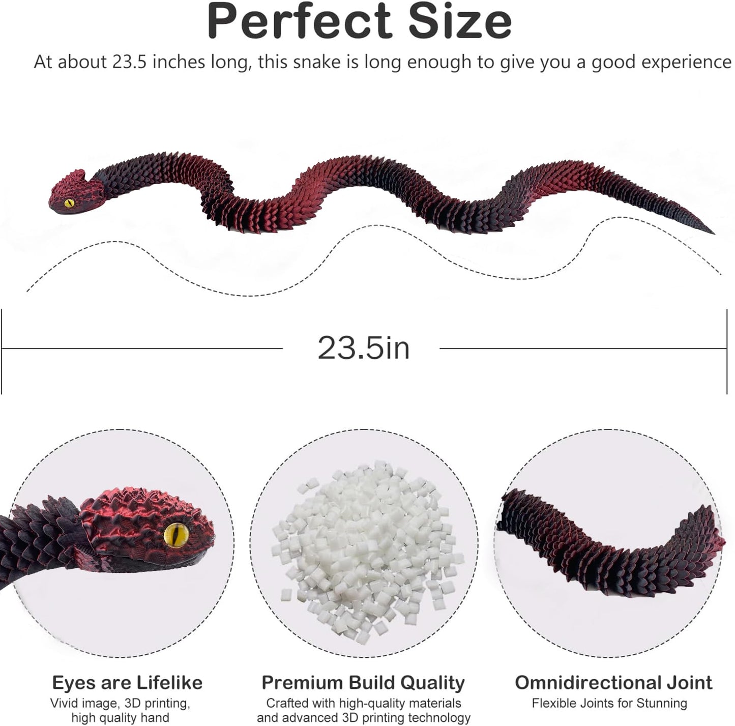 JASSBOOY 24-inch 3D Printed Flexible Serpentine Creature, Glow-in-The-Dark Effect, Articulated Snake Model with Movable Jaw, Toothless Design