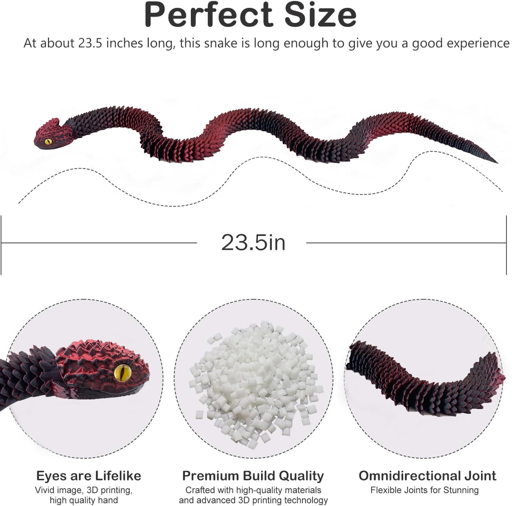 JASSBOOY 24-inch 3D Printed Flexible Serpentine Creature, Glow-in-The-Dark Effect, Articulated Snake Model with Movable Jaw, Toothless Design