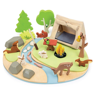 Tender Leaf Toys - Wildlife Camping Playset - Wooden Doll Sized Camping Set with Tent, Campfire, Fishing Rod & Accessories - Imaginative Play Set