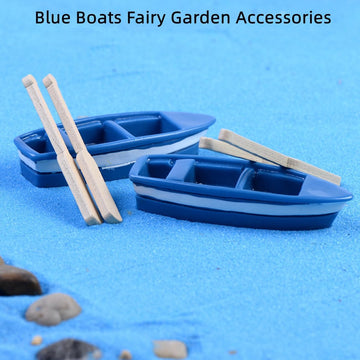 Haohaiblooms 2 Pieces Mini Blue Rowboat Figurines Set - Resin Canoe with Oars for Fairy Garden, DIY Dollhouse Decoration, Cake Toppers, Moss