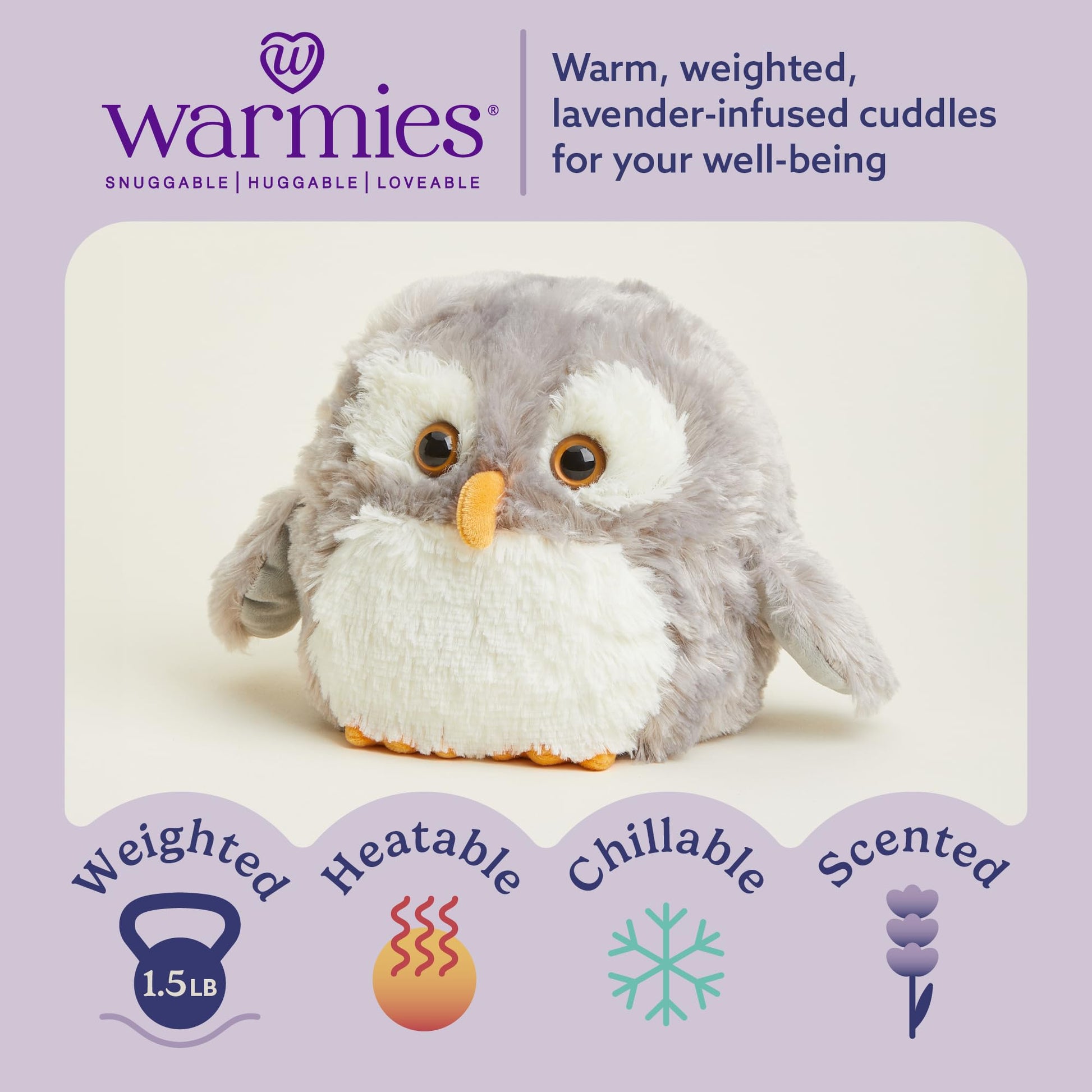 warmies Microwavable & Weighted Stuffed Animals, Owl - Heated Stuffed Animal Plushie for Warmth & Comfort - Cute Soft Plush Toys for Adults & Children