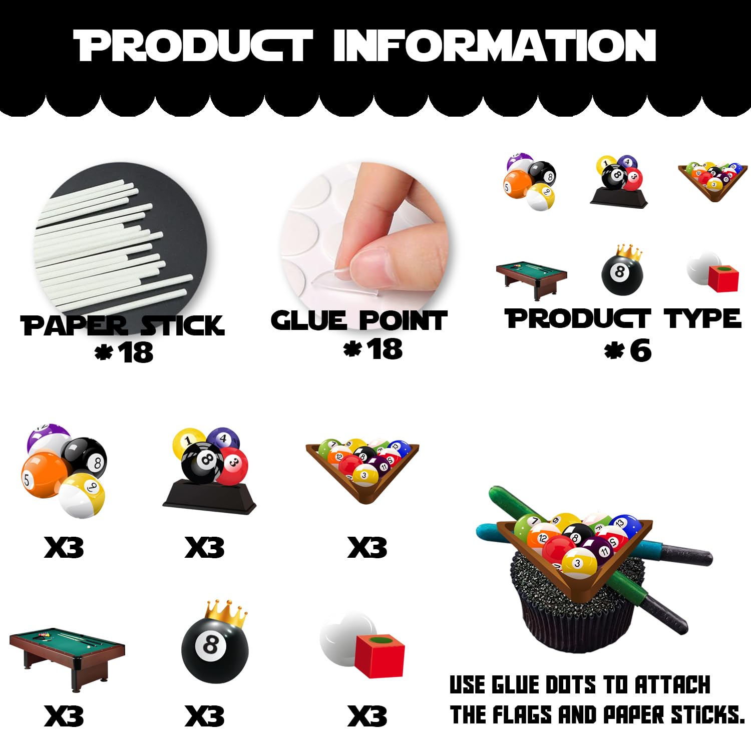 18pcs Glitter Billiards Dessert Cupcake Topper Sport Pool Ball Theme Decor Supplies Men Women Happy Birthday Decorations