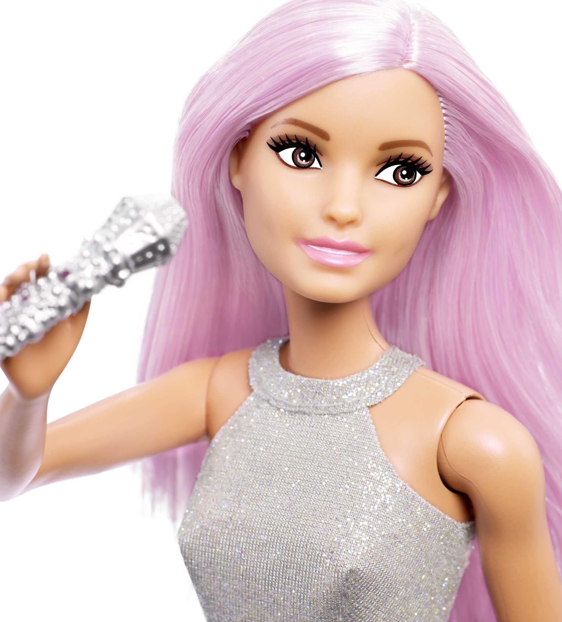 Barbie Careers Fashion Doll & Accessory, Pop Star with Pink Hair & Brown Eyes Wearing Iridescent Skirt with Microphone