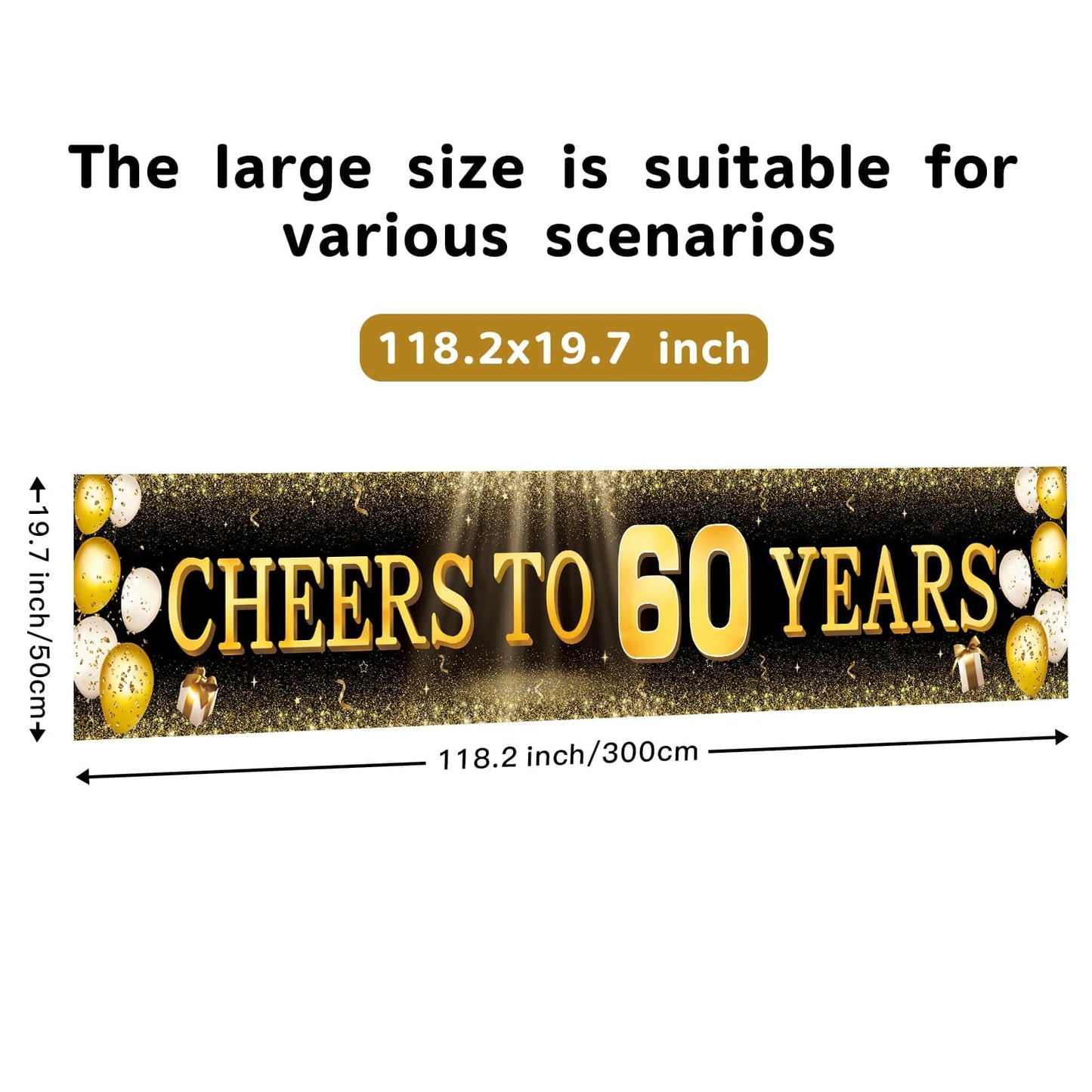 TZSS Black & Gold 60th Birthday Banner Decorations - Extra Large 118"x20" Reusable Yard Sign for Men & Women, Over The Hill Party Decor Indoor