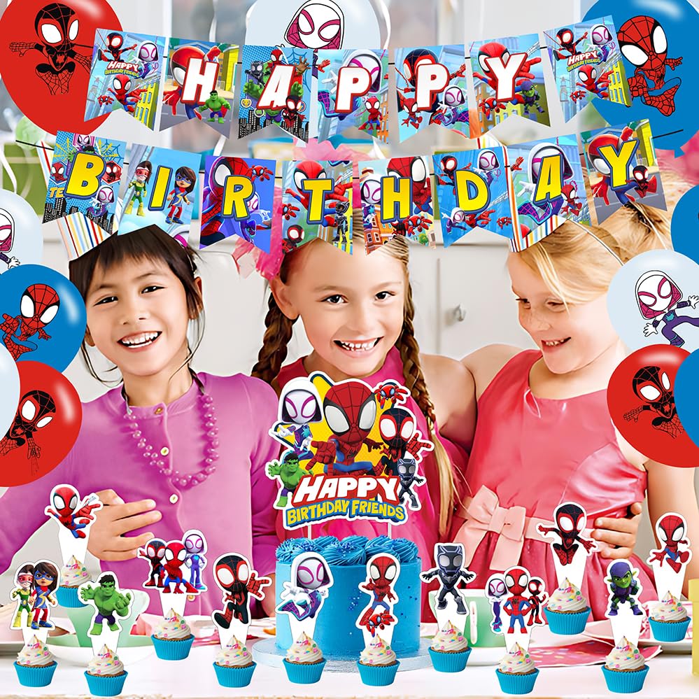 Spider and His Friends Birthday Decorations,Spider and His Friends Party Supplies Include Happy Birthday Banner, Cake Topper and Cupcake Toppers