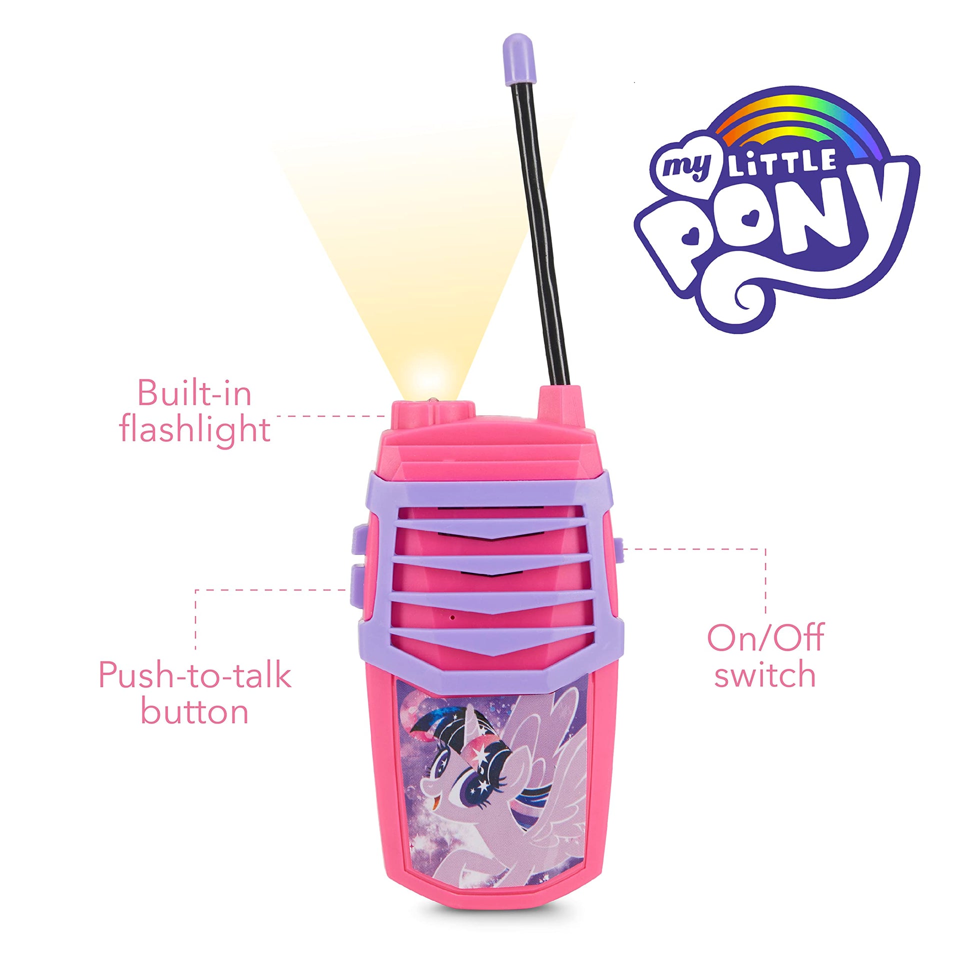 Sakar My Little Pony Molded Walkie Talkie for Kids, Safe and Flexible Antenna, Over 1000ft Range, Easy-to-Use Power Switch, Belt Clip, Pack of 2