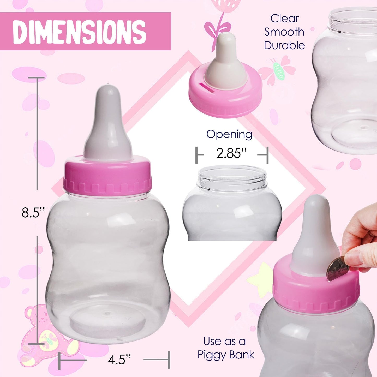 8.5" Jumbo Fillable Baby Shower Bank Plastic Decoration Centerpiece (Pink, 8.5")