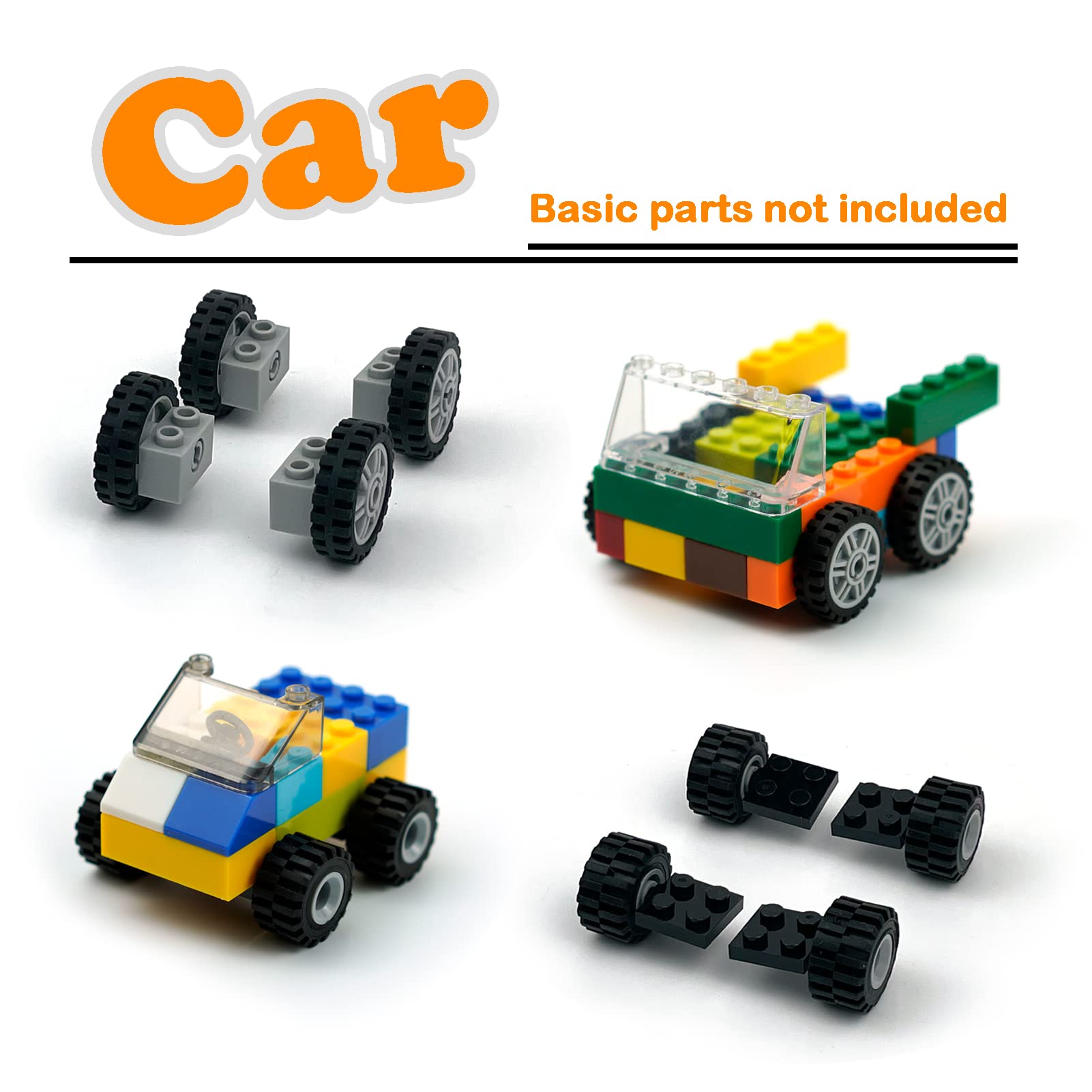 Pamvava Wheels and Axles Sets Tires, 102 Car Parts and Pieces, Windshield Steering Wheel Chassis Bricks Educational Toys