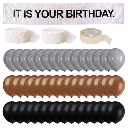 It is Your Birthday Banner, The Office Theme Infamous Husband Birthday Party Decorations,Grey Brown Black Latex Balloons,White Crepe Streamer Rolls +