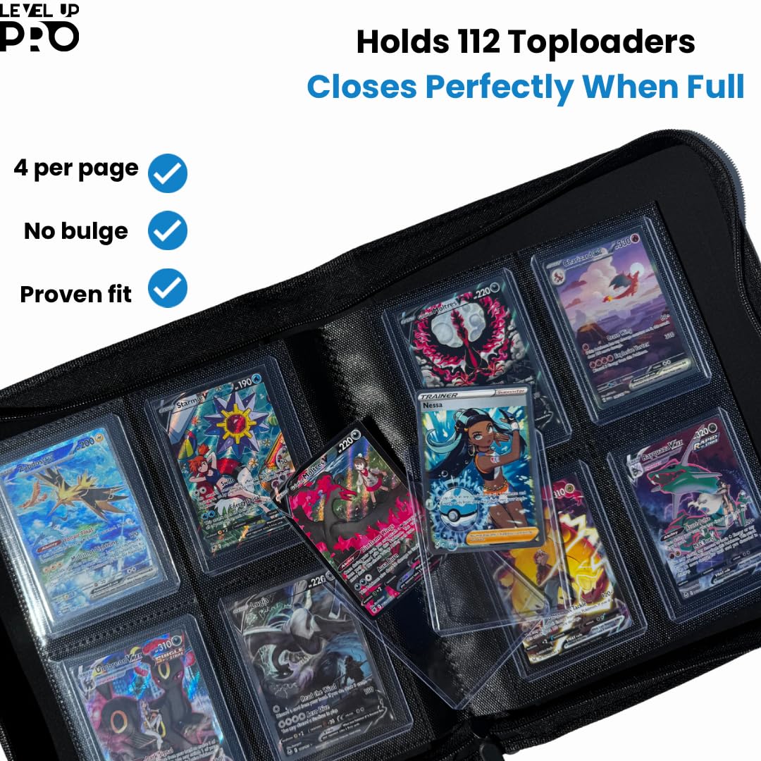 Toploader Binder for 112 Top Loaders - 4 Pocket Trading Card Case - Pokemon, MTG, Sport Cards - Zip Binder - Level Up Pro (Matte Black)