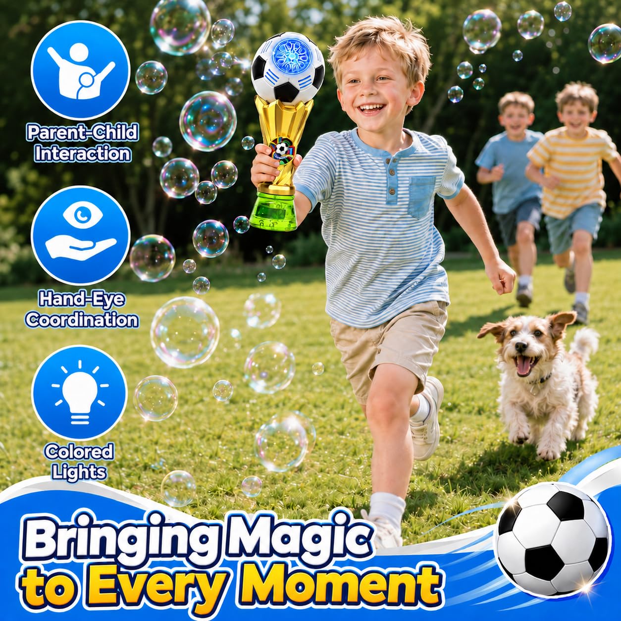 Bubble Wands for Kids - Light up Bubble Wands with 2 Solutions, Outdoor Toys for Kids Ages 3-5 4-8, Soccer Toys for Boys, Birthday Party Gift for 3 4