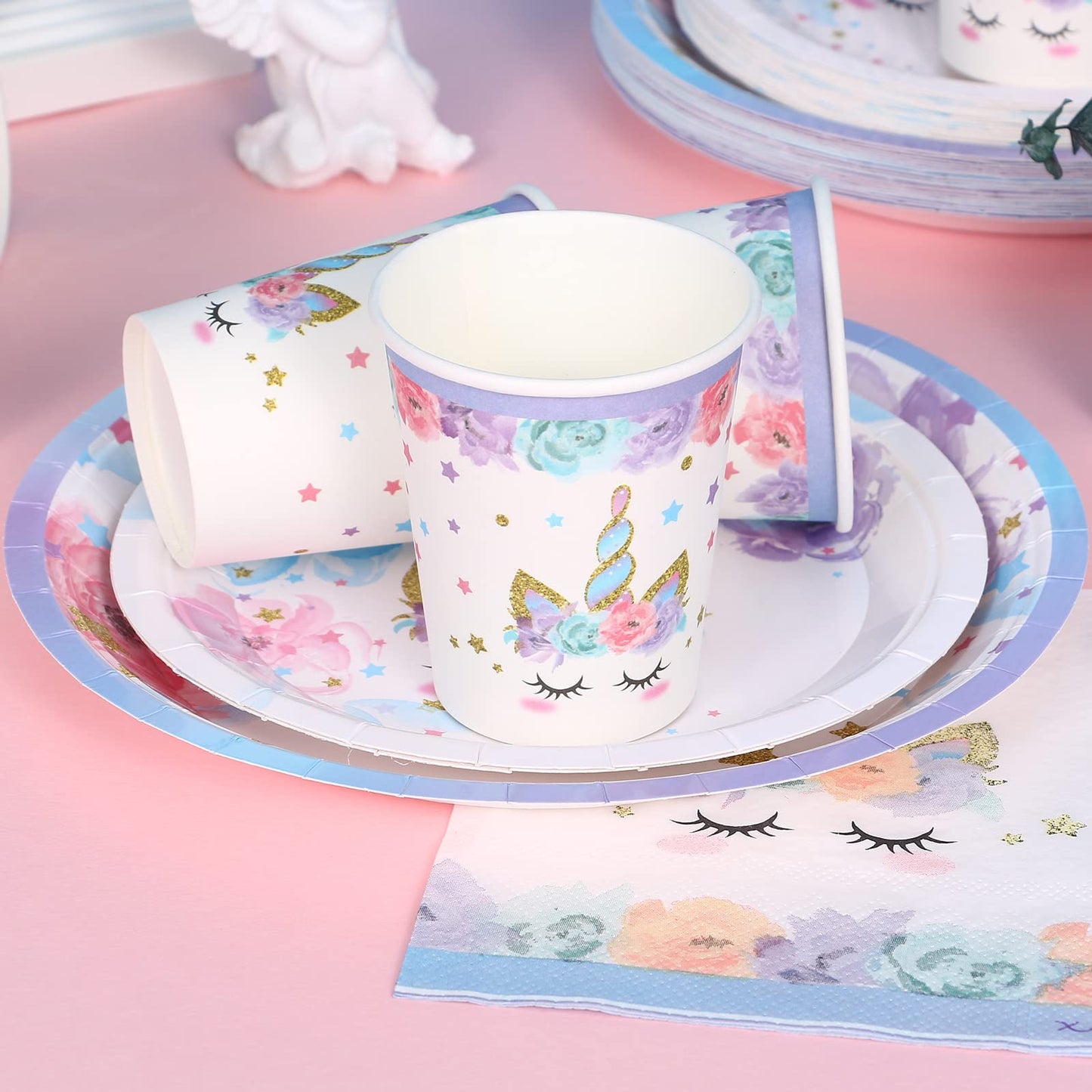 LIUGUSUN Unicorn Party Supplies Rainbow Unicorn Plates and Napkin Sets for Baby Shower First Girls Birthday Party Decorations Afternoon Tea Pool