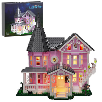 Pink Palace House Building Set with Lights, Halloween Haunted House Blocks Toy, Halloween House Kit for Kids Adults, Compatible with Lego, Christmas