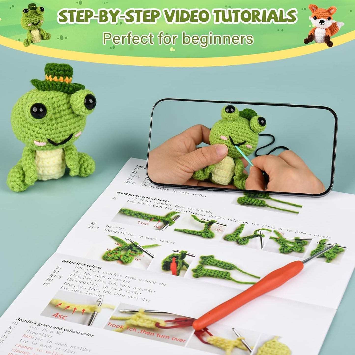 JackCao 6 Pack Crochet Kit for Beginners, 2026 DIY Craft for Adults, Crochet Animal Plush Kit with Step-by-Step Video Guides Tutorials Birthday Gift