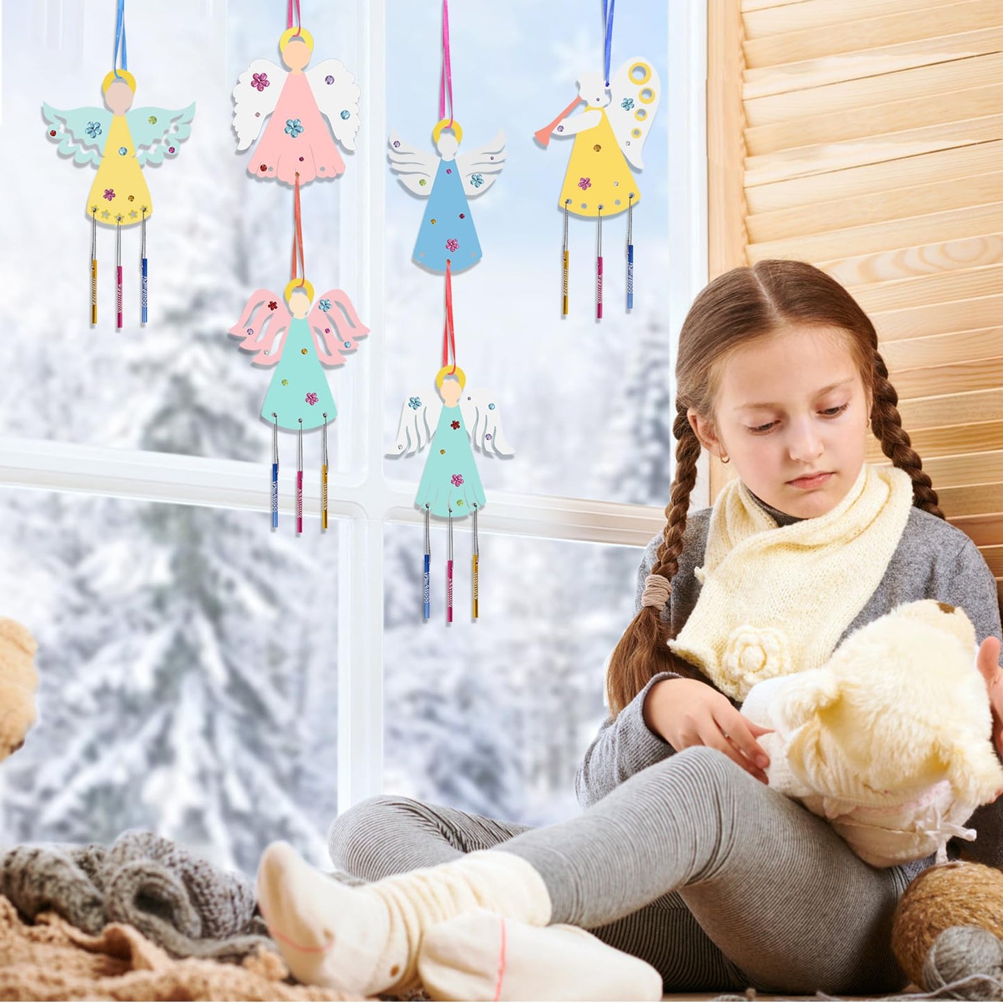 Fennoral 9 Pack Angel Wind Chime Kits for Kids Make You Own Angel Wind Chimes DIY Wooden Crafts to Paint for Art Activities Christmas Tree Hanging