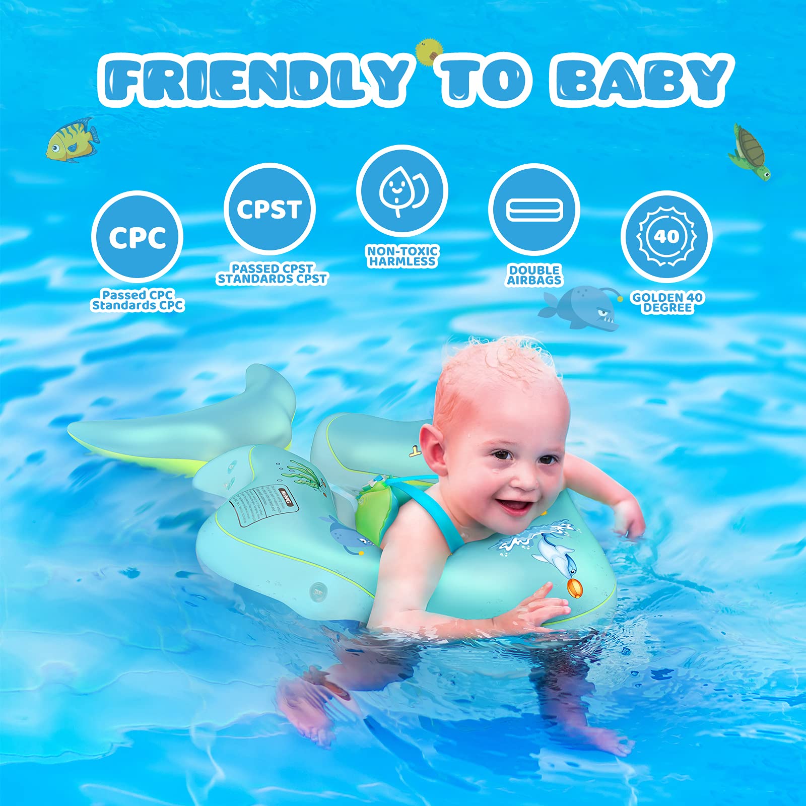 No Flip Over Baby Pool Float with Canopy UPF50+ Sun Protection, Sponge Safety Support Bottom, Fun Gifts Water Toys Accessories Inflatable Baby Swim