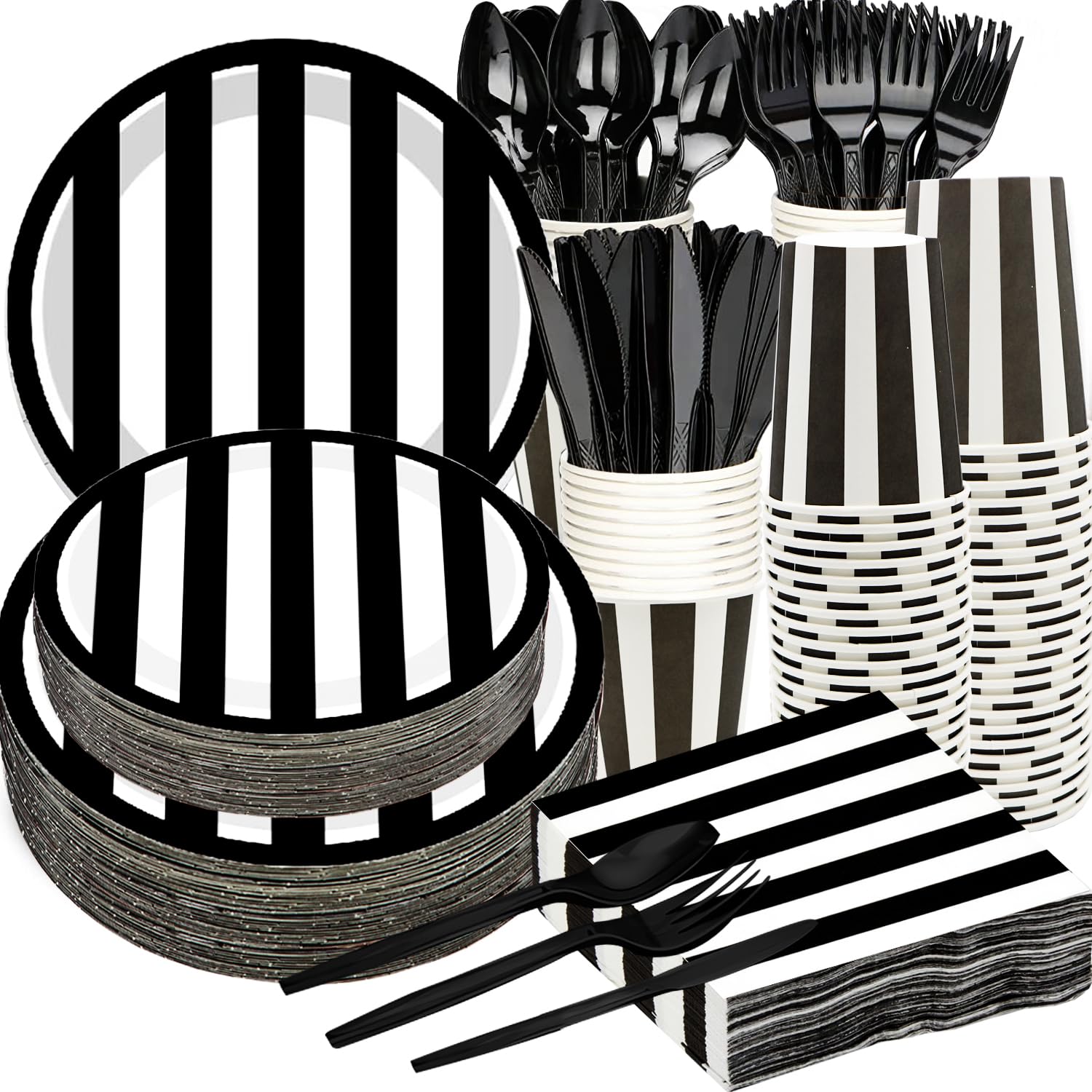 Serve25 175Pcs Black & White Striped Party Supplies - 9" & 7" Striped Paper Plates, Napkins, Cups, Cutlery for Black & White Birthday Party