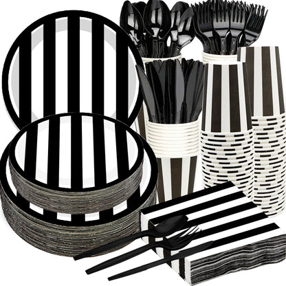 Serve25 175Pcs Black & White Striped Party Supplies - 9" & 7" Striped Paper Plates, Napkins, Cups, Cutlery for Black & White Birthday Party