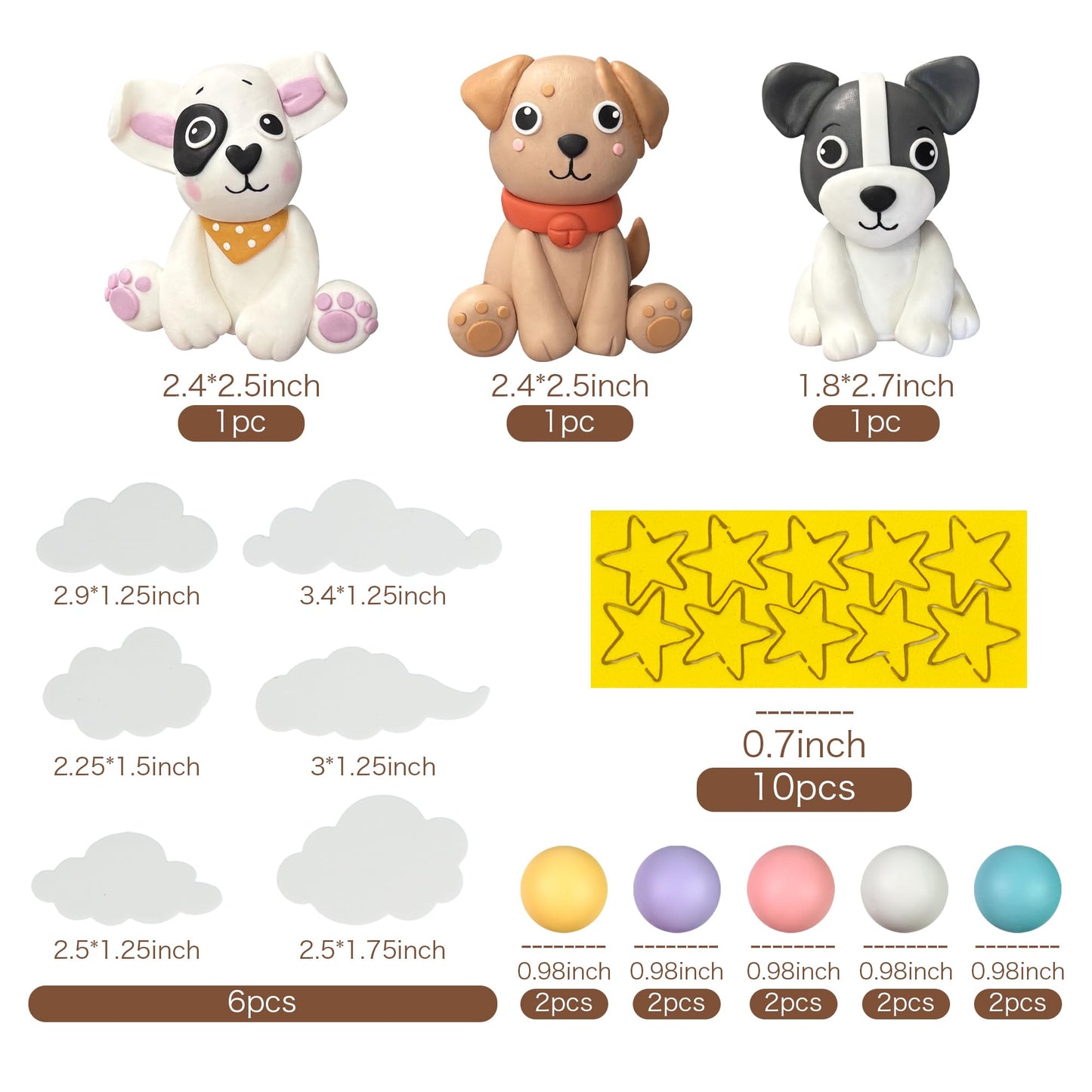Dog Cake Topper Clay Dog Figurines Star Cloud Ball Cake Toppers Decorations for Dog Theme Paw Cute Pet Decoration Supplies